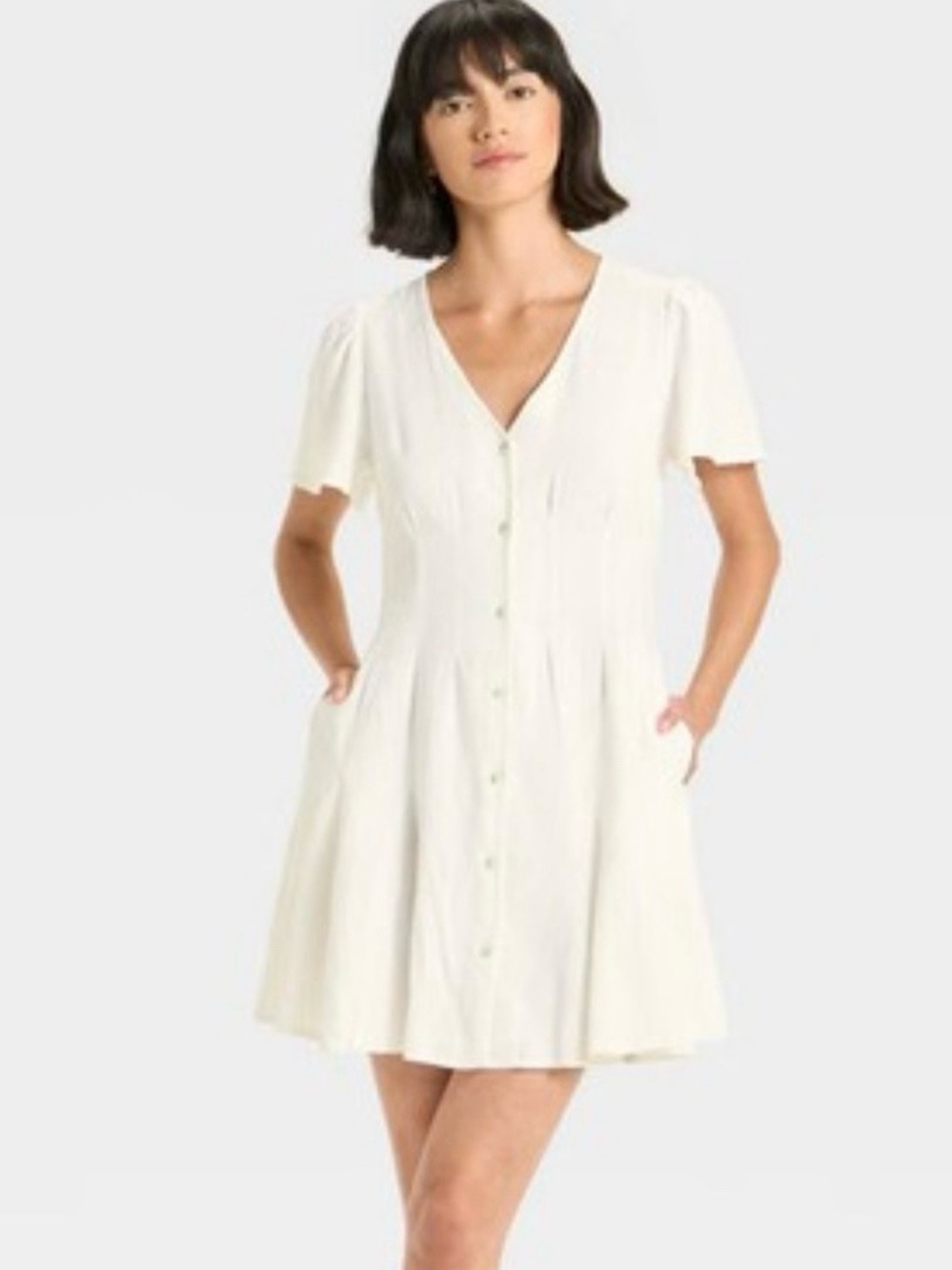 Universal Thread V-Neck Button Front White Mini Dress Linen Cotton Blend Sz S